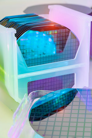 Silicon Wafers in white plastic holder box used in electronics for the fabrication of integratedの写真素材