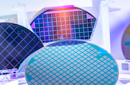 Silicon Wafers in white plastic holder box used in electronics for the fabrication of integratedの写真素材