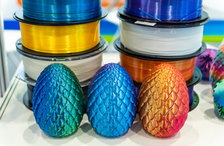 colorful plastic model of egg printed on a 3D printerの写真素材