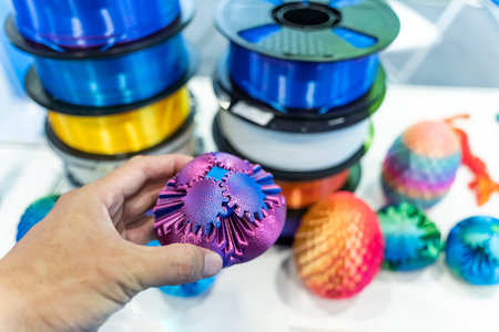 hand with gear object printed on 3d printer close-upの写真素材