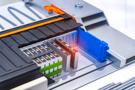 model of electric car lithium battery pack and power connections isolated on white background