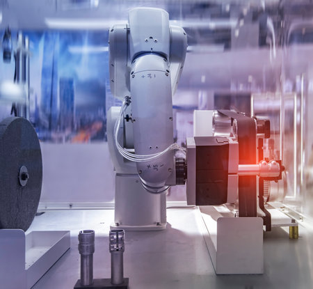 automatic arm handling the metal machined shaft parts polishing between the production line. automotive parts manufacturing process.の写真素材