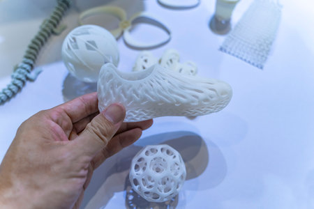 hand with 3d printed shoe figure close-up