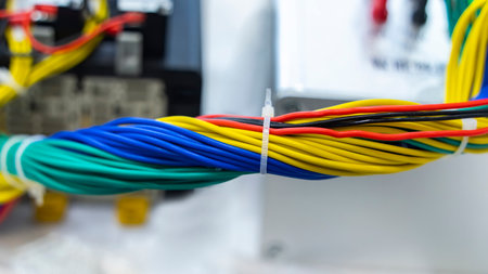 stack arrangement of colorful electronic cable wire socket hub in control room