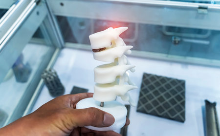 hand with 3d printed human spine in 3d printer.の写真素材