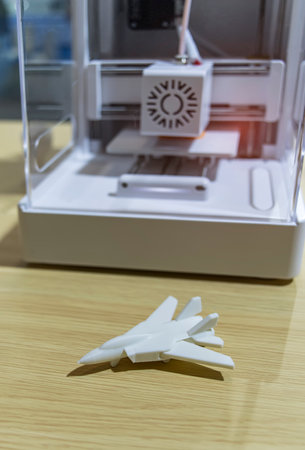 Model gray miniature fighter jet created on a 3d printer,