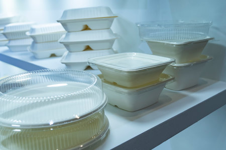 Set of unbleached plant fiber food box. Natural fiber eco food and drink packaging.の写真素材