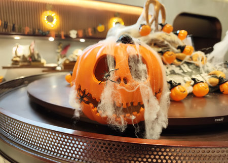 Stack of glowing Halloween Pumpkinsの写真素材