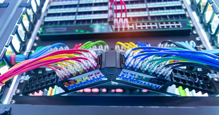 Network panel, switch and colorful cable in data centerの写真素材