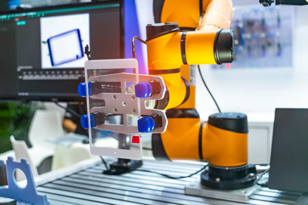 Industrial robot with vacuum suckers with tablet computer or mobile cell phone assemblyの写真素材