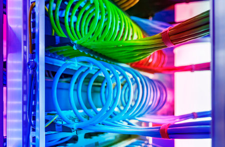 Network panel, switch and colorful cable in data center