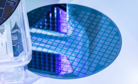silicon wafer semiconductor with neon color, integrated circuits to manufacture CPU and GPUの写真素材