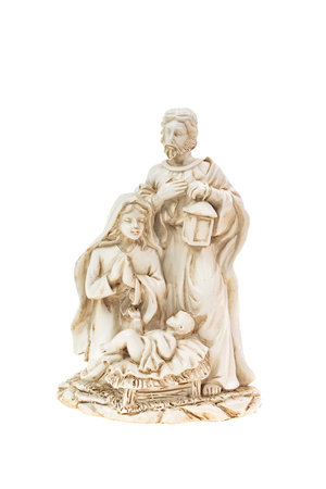 Scene of the nativity: Mary, Joseph and the Baby Jesus isolated on a white backgroundの写真素材