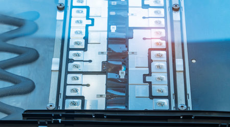 Electric car lithium battery pack and wiring connections internal between cells on background.の写真素材