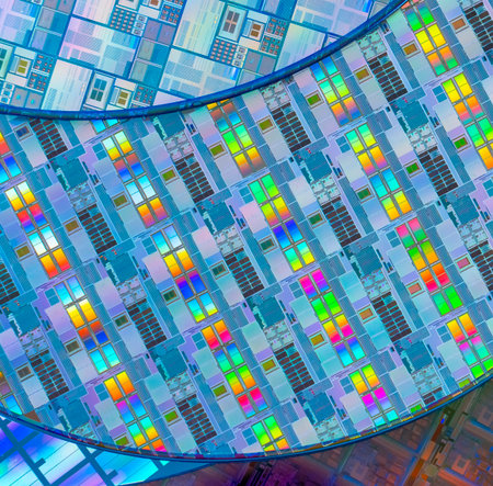 silicon wafer with microchips reflecting different colors.