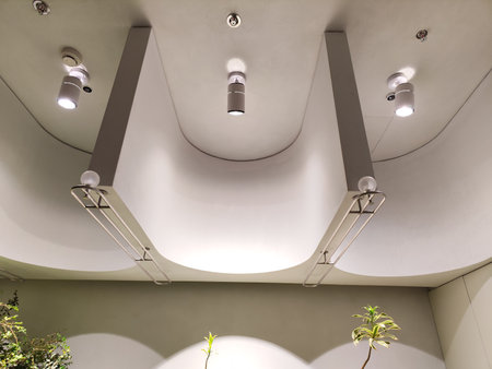 Ceiling with bright lights in a modern warehouse, shopping center building, office or other commercial real estate object.の写真素材