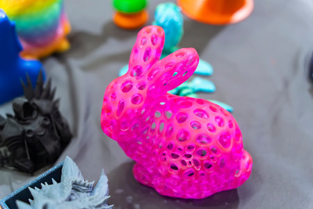 rabbit closeup object printed 3d printer close-up. Progressive modern additive technology 4.0...