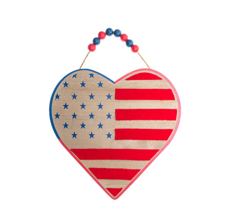 USA flag on a heart shape wood sign isolated on whiteの写真素材