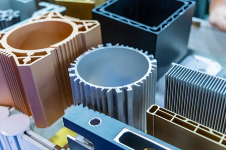 Various samples of aluminum profile on the stand. Industryの写真素材