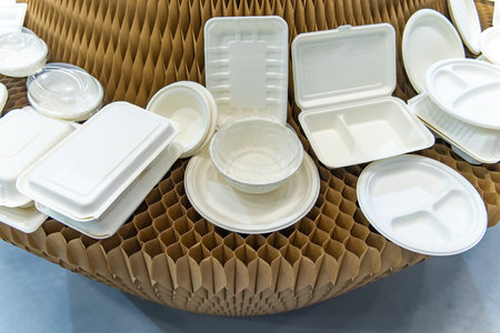Set of unbleached plant fiber food box and paper cup. Natural fiber eco food and drink packaging.の写真素材