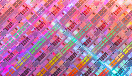 Silicon Wafers with microchips used in electronics for the fabrication of integrated circuitsの写真素材