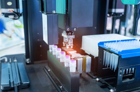 Robot arm with test tube for biological experiments in laboratoryの写真素材