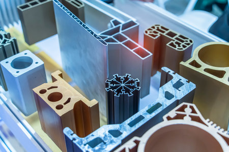 Various samples of aluminum profile on the stand. Industryの写真素材