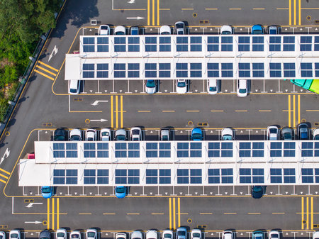 Aerial view above innovative solar panels located on a car parking lot rooftops