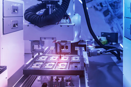 Automation of machine assembly of computer circuit chip with robot arm,Smart factory industry 4.0...
