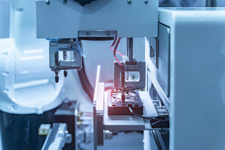 Automation of machine assembly of computer circuit chip with robot arm,Smart factory industry 4.0 concept.の写真素材