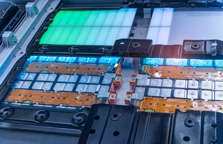 Electric car lithium battery pack and wiring connections internal between cells on background.