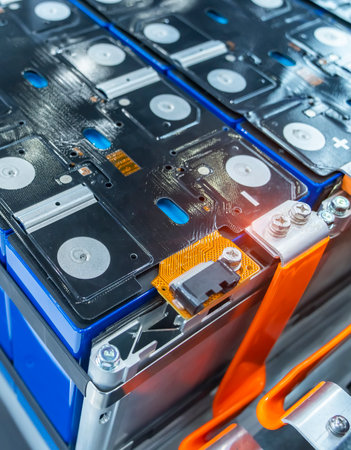 Electric vehicle lithium NMC battery for EV car energy storage. Lithium-ion cell pack or High voltage electric vehicle batteries.の写真素材