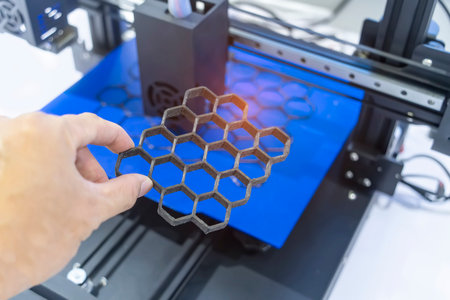hand with Object printed on 3d printer close-up.