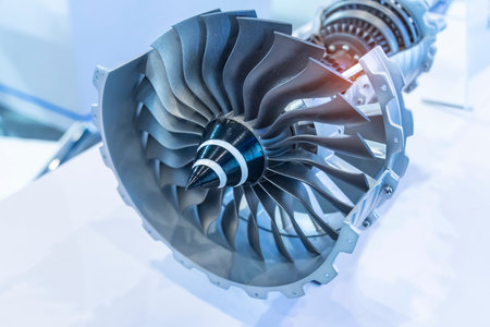 turbine engine with longitudinal section for studying arrangement of blades and combustion chambersの写真素材