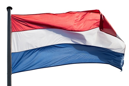 Dutch flag in the wind on a white backgroundの写真素材