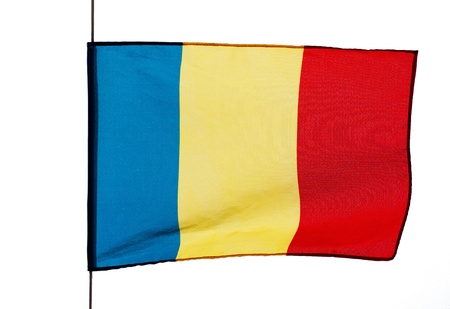 Flag of Romania in the wind on a white backgroundの写真素材