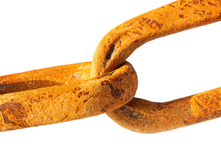 Old and rusty chain close up on a white background