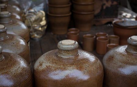 Clay wine bottles on the marketの写真素材