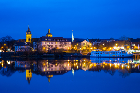 The night landscape on the river in Hamelin,Germany.の写真素材
