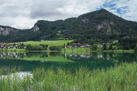 The mountain lake Thiersee in Tyrol, Austria .の写真素材