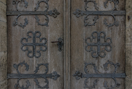 The old vintage door with handle and keyhole.の写真素材