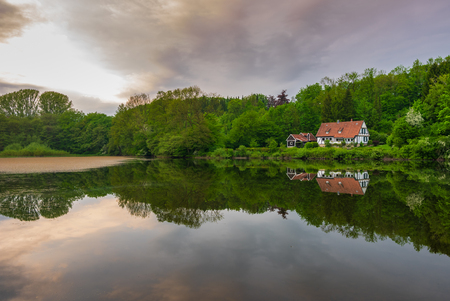 Pond  in Teutoburg Forest nearby Externsteine rocks, Germany .の写真素材