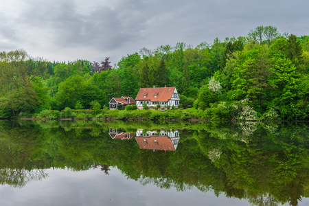 Pond  in Teutoburg Forest nearby Externsteine rocks, Germany .の写真素材