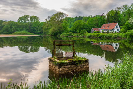 Pond  in Teutoburg Forest nearby Externsteine rocks, Germany .の写真素材