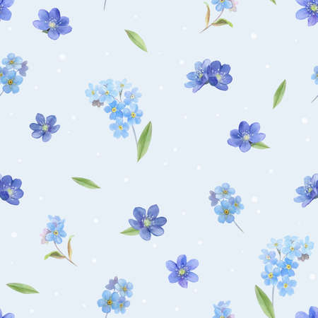 Pattern with blue flowers, forget-me-nots, watercolor illustrationの写真素材