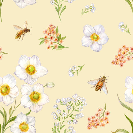 Wild flowers and bees, pattern on light yellow background. Watercolor illustrationsの写真素材