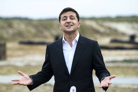 Ukrainian President Volodymyr Zelenskiy in the village of Stare, Ukraine,のeditorial素材