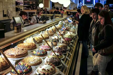 Showcase with desserts in big shopping center KaDeWe Kaufhaus des Westens, Berlin ,Germany. May 2014のeditorial素材