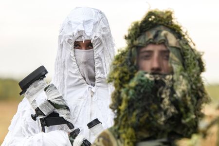 Ukrainian servicemen snipers in camouflage during the tactical-special drills near Kyiv, Ukraine. September 2019.のeditorial素材