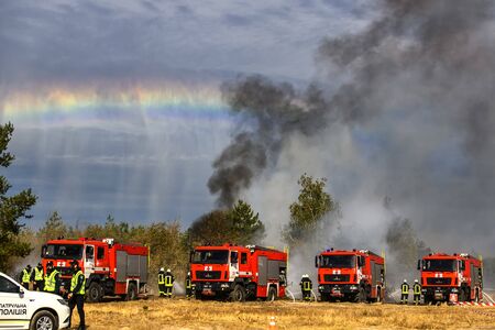 Ukrainian Firefighters during training of rescue services near Kyiv, Ukraine.